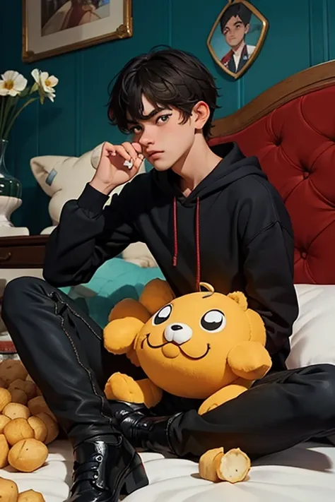 sharp man sitting on a bed with a stuffed animal, filmagem de baixa qualidade, bladee da gangue de drenagem, 1 menino de 7 anos,...