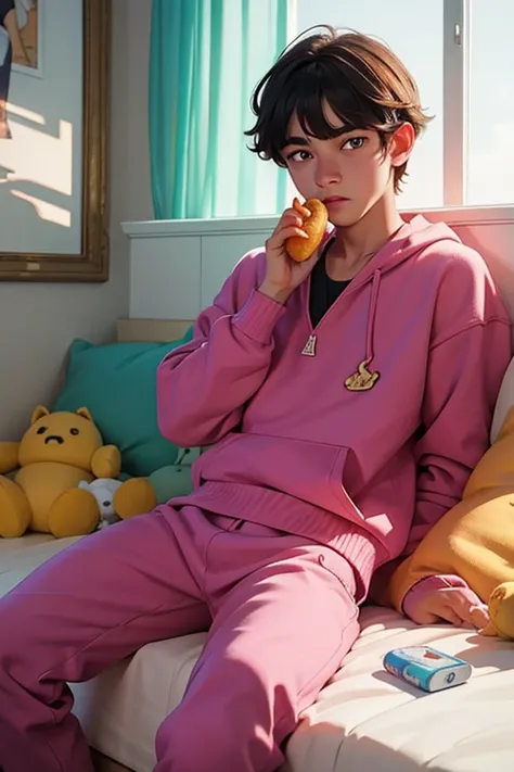 sharp man sitting on a bed with a stuffed animal, filmagem de baixa qualidade, bladee da gangue de drenagem, 1 menino de 7 anos,...