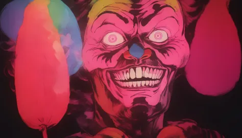 cotton candy from the killer klowns from outer space, clowns, vhs, glitch, distorted, nostalgia, 90's retro vibes, analog tape, ...