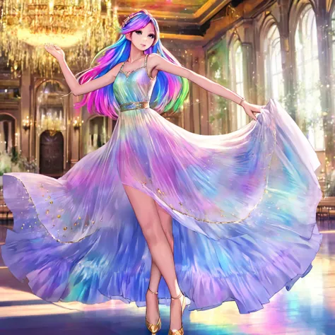 a beautiful elven dancer, 1 girl, rainbow hair, rainbow sheer silky billowing dress, doing a sultry dance with grand sweeping mo...