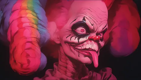 cotton candy from the killer klowns from outer space, clowns, vhs, glitch, distorted, nostalgia, 90's retro vibes, analog tape, ...