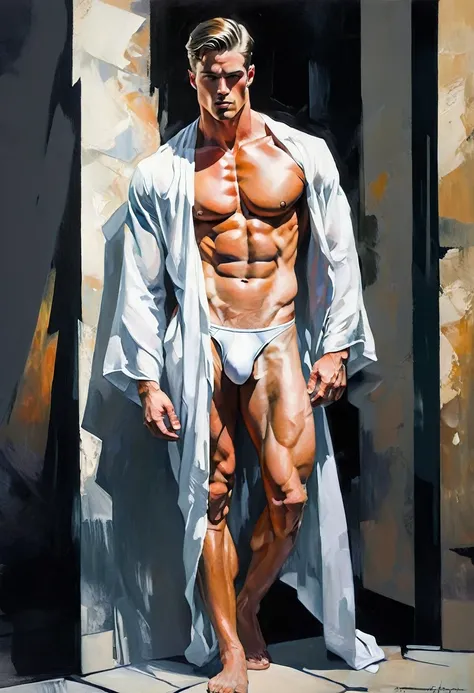 chiaroscuro technique on sensual illustration of Handsome, square jaws,fit body,side view,head up,naked,nude,muscular body,six pack abs,tan skin,muscular arms,big hands,half bosy,white tight underwear,white , mid-shot of a hunky, the model draped in flowin...