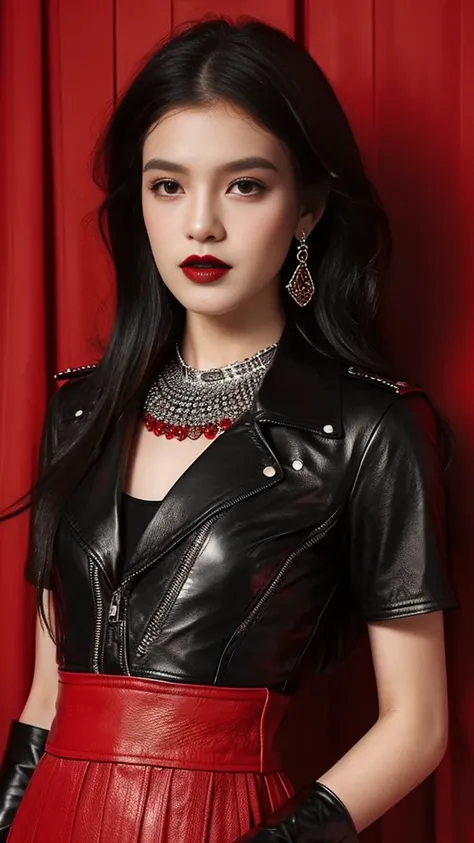 A red leather dress with shining black crystals jewellery and a short black leather cross top jacket and  black leather boots african girl long shining black hair 