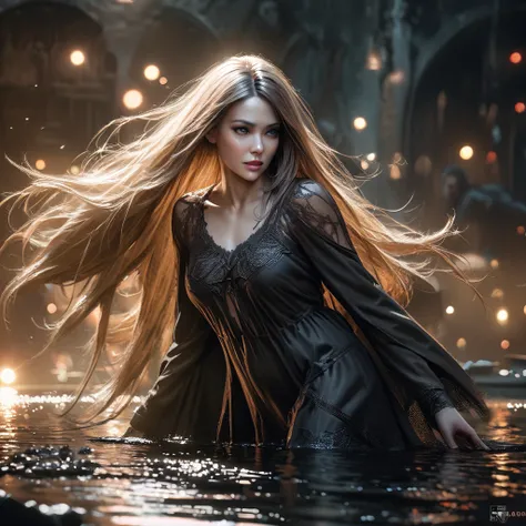 a death elf, female, wispy long hair, pitch black eyes, porcelain white skin, lots of dark veins, sheer dark dress billowing in an evil wind, her feet hover over a lake, zombies slowly emerge from the lake to serve her, moonlit night, fantasy, dark fantasy...