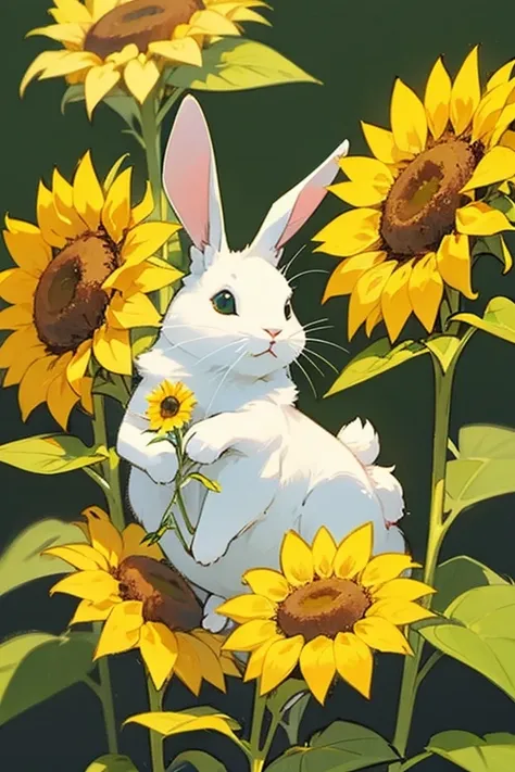 （green wilderness as background），（aesthetic style），（there is a big sunflower），（a cute white rabbit holding small flowers under a...