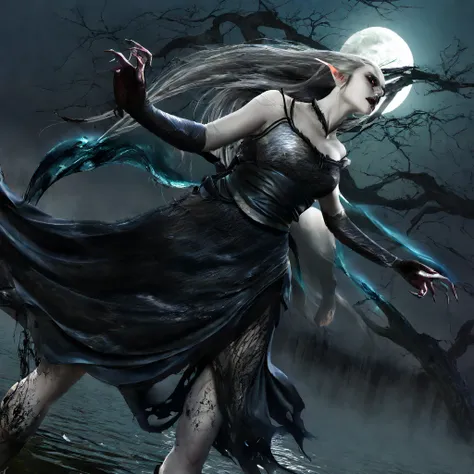 a death elf, female, wispy long hair, pitch black eyes, porcelain white skin, lots of dark veins, sheer dark dress billowing in an evil wind, her feet hover over a lake, zombies slowly emerge from the lake to serve her, moonlit night, fantasy, dark fantasy...