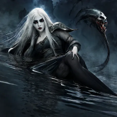 a death elf, female, wispy long hair, pitch black eyes, porcelain white skin, lots of dark veins, sheer dark dress billowing in an evil wind, her feet hover over a lake, zombies slowly emerge from the lake to serve her, moonlit night, fantasy, dark fantasy...