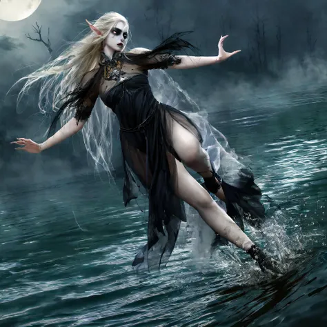 a death elf, female, wispy long hair, pitch black eyes, porcelain white skin, lots of dark veins, sheer dark dress billowing in an evil wind, her feet hover over a lake, zombies slowly emerge from the lake to serve her, moonlit night, fantasy, dark fantasy...