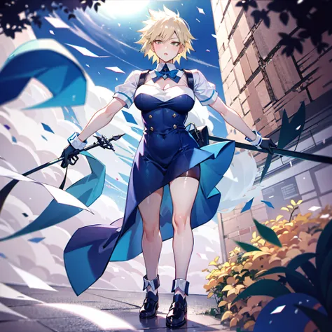 1girl, full body, short blonde hair, green eyes, blue maid dress, mitsuki bakugo from my hero academy