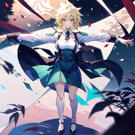 1girl, full body, short blonde hair, green eyes, blue maid dress, mitsuki bakugo from my hero academy