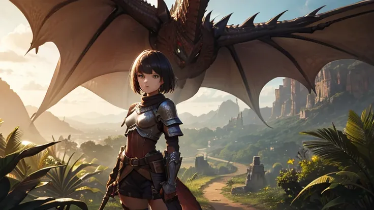 1girl, expressive eyes, short hair, in rathian armor, big jungle in sunset in background, detail richness, masterpiece, best quality, monster hunter style