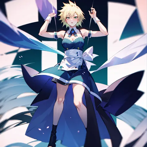 1girl, full body, short blonde hair, green eyes, blue maid dress, mitsuki bakugo from my hero academy