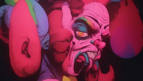 rotoscope, animated, cotton candy from the killer klowns from outer space, clowns, vhs, glitch, distorted, nostalgia, 90's retro...