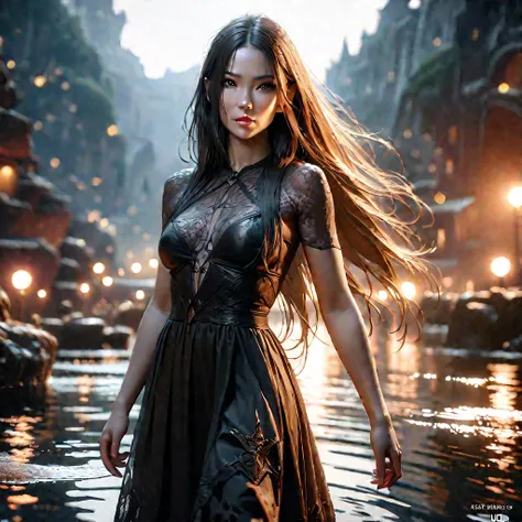 a death elf, female, wispy long hair, pitch black eyes, porcelain white skin, lots of dark veins, sheer dark dress billowing in an evil wind, her feet hover over a lake, zombies slowly emerge from the lake to serve her, moonlit night, fantasy, dark fantasy...