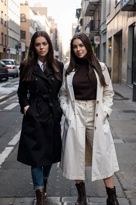 big breasts, medium ass, brunette, long hair, wearing a long coat, on the street with a friend