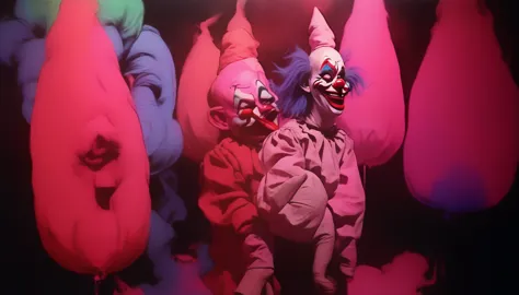 rotoscope, animated, cotton candy from the killer klowns from outer space, clowns, vhs, glitch, distorted, nostalgia, 90's retro...