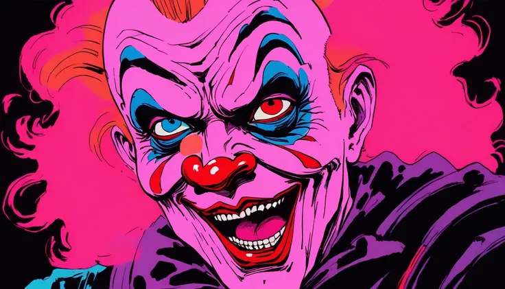 rotoscope, animated, cotton candy from the killer klowns from outer space, clowns, vhs, glitch, distorted, nostalgia, 90's retro...