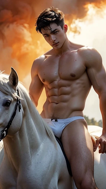 A shirtless handsome man with a wet body riding a large white horse like a Roman prince, shirtless, with orange smoke surrounding him, very beautiful scenery