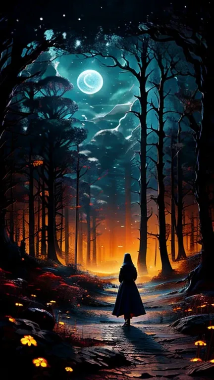 (Obra maestra, mejor calidad, professional lightning) dark forest with a high moon in the sky when a woman walks in a path to the moon