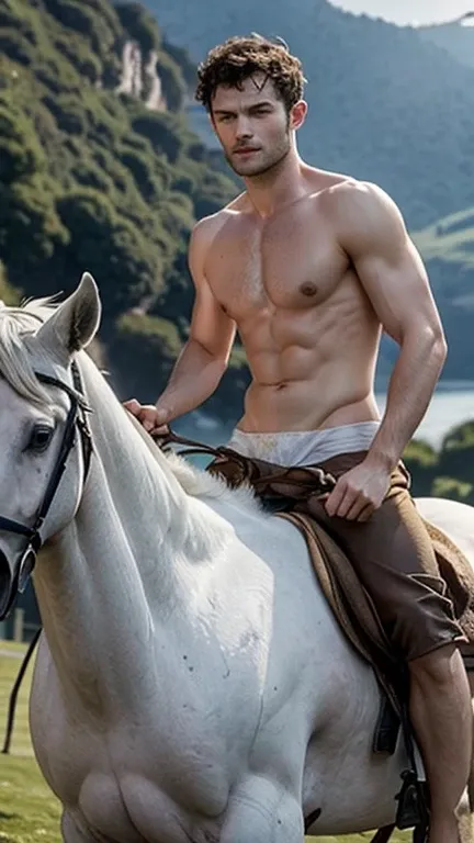 A shirtless handsome jamie dornan with a wet body riding a large white horse like a Roman prince, shirtless, with orange smoke surrounding him, very beautiful scenery