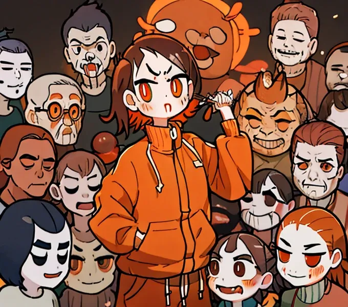 1girl, brown hair, medium hair, flattop, crazy eyes, no pupils, devil eyes, Orange Tracksuit, makeup, nosebleed, crazy, angry, Style of moffmachi