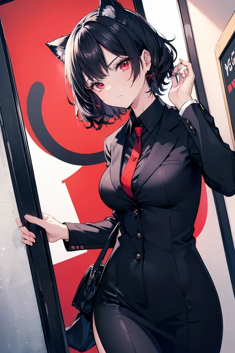 (catwoman),, cat ears, black hair, business casual attire, cool, red dress shirt, beautiful red eyes, cat&#39;s tail, ((crimson ...