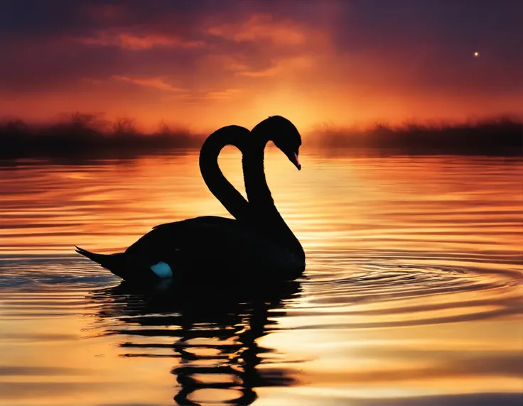 there is a black swan swimming in the water at sunset, peaceful and graceful, black swan, beautiful backlit, glare on the water, beautiful and graceful, by Jacob Duck, water reflection!!!!!, by Jan Rustem, beautiful!!!!!!!!!, beautifully backlit, by Hans S...