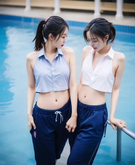 2 girls in the swimming pool, Navy blue short-sleeved shirt, unbuttoned loose opened clothes, showing nude breasts, Navy short thigt Trackpant,Sweatpants,sweatpants,25 year old girl, lesbian, sexy, exercise clothes, wet body