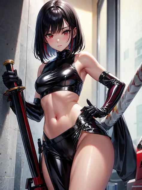 solo girl,Glossy metalic light silver tank top, tight latex shiny, Red interpolation color,Black hair bob,red eyes, camel toe, Samurai Sword,
Lift one leg, sexy lady,, naked girl,