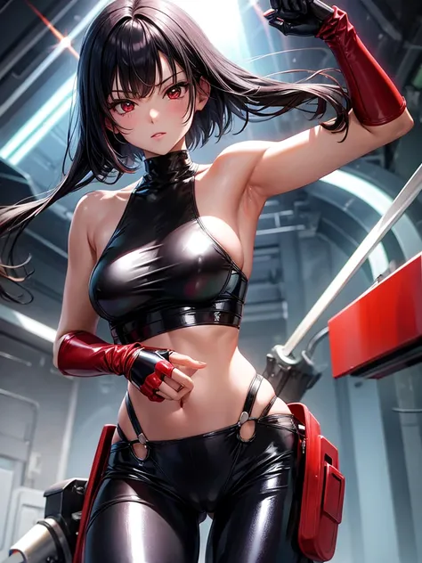 solo girl,Glossy metalic light silver tank top, tight latex shiny, Red interpolation color,Black hair bob,red eyes, camel toe, Samurai Sword,
Lift one leg, sexy lady,, naked girl,