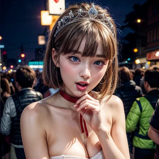 masterpiece of professional Analog photo, realistic and photorealistic with touch of rawness, (a close-up portrait of a tiny princess wearing white thongs on a city street), Dusk violet Sky, intricate lighting effects with light particles, (many colorful l...