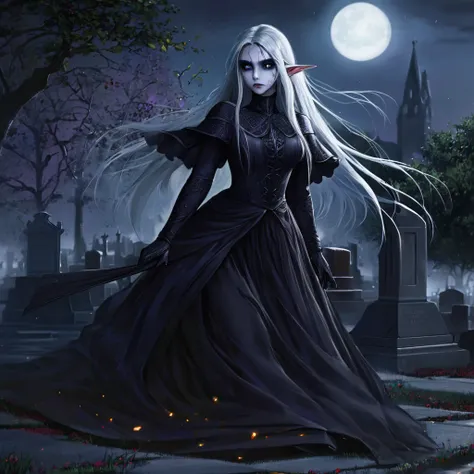 a death elf, female, wispy long hair, pitch black eyes, porcelain white skin, lots of dark veins, sheer dark dress billowing in ...