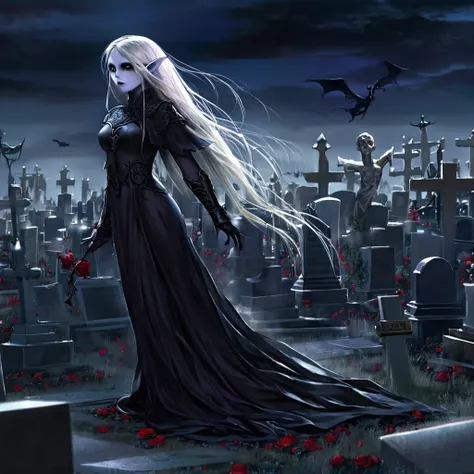 a death elf, female, wispy long hair, pitch black eyes, porcelain white skin, lots of dark veins, sheer dark dress billowing in ...