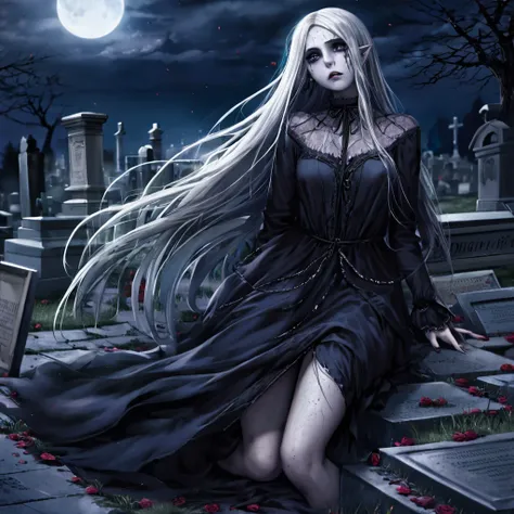 a death elf, female, wispy long hair, pitch black eyes, porcelain white skin, lots of dark veins, sheer dark dress billowing in ...