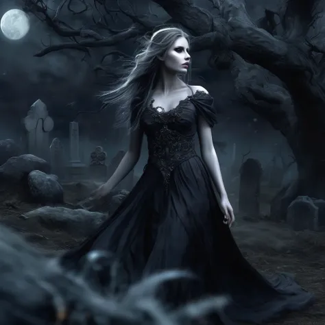 a death elf, female, wispy long hair, pitch black eyes, porcelain white skin, lots of dark veins, sheer dark dress billowing in ...