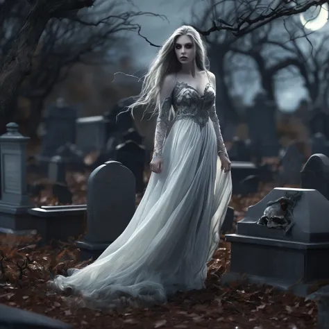 a death elf, female, wispy long hair, pitch black eyes, porcelain white skin, lots of dark veins, sheer dark dress billowing in an evil wind, her feet hover over the ground, undead slowly emerge from the ground to serve her, moonlit night in a cemetery, fa...