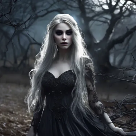 a death elf, female, wispy long hair, pitch black eyes, porcelain white skin, lots of dark veins, sheer dark dress billowing in an evil wind, her feet hover over the ground, undead slowly emerge from the ground to serve her, moonlit night in a cemetery, fa...