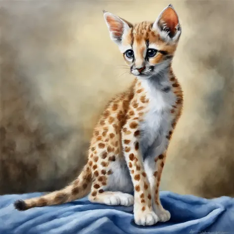 there is a small cat that is standing on a blue carpet, a pastel by Tadashi Nakayama, reddit, optical illusion, adorable appearance!!!, awesome cat, the cat looks like giraffe, has a very realistic look to it, spotted ultra realistic, white with black spot...