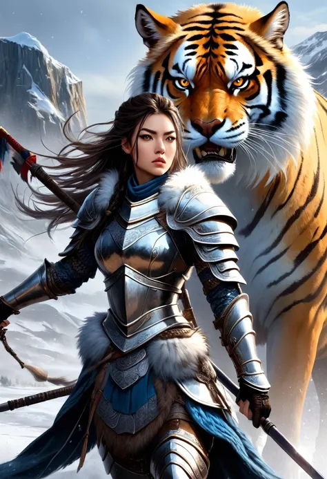 （1 girl，Pretty Face，Exquisite eyes，Serious expression，Sharp eyes，Wearing fur armor，Armed with a spear），She is a warrior of the north，（（（horse riding））, looking at the audience，tiger_beast）, Epic Fantasy Character Art