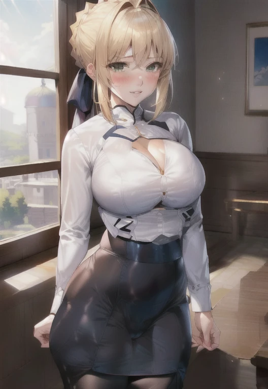 destiny_Black, 1 Girl, Solitary, looking at the audience, blush, (((Large Breasts、Breast sagging、Low-cut，Cleavage ，Wide hips,)))((Long legs)),Hourglass figure)), Artoria Pendragon (destiny), Know