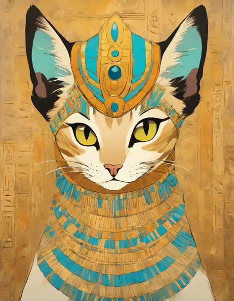 painting of a cat with a crown on its head, egyptian art by Jean Hey, flickr, furry art, egyptian cat goddess, bastet, by rainer hosch, egyptian, ancient egypt art, ancient egyptian art, in a painting of a cat, detailed painting“, egyptian style, ancient e...