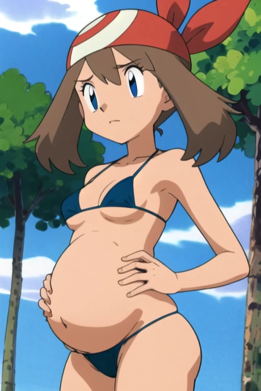 masterpiece, best quality, highres, outdoors, 1girl, solo, may (pokemon), bandana, red shirt, bare shoulders, pregnant, embarazada, vientre de embarazo, barriga de embarazada. Bikini, microbikini, micro bikini, bikini rojo, embarazada, barriga de embarazad...