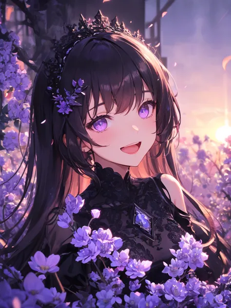 art by Cornflower,(masterpiece:1.2),(4k),high quality,(1 girl),black long hair,beautiful detailed purple eyes,smile,open mouth,In the fantastic beauty of the purple moon light, elegant gothic princess, black and purple clothing,fantasy costumes,cyberpunk,B...