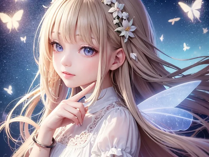 1 Fairy,bouquet,hair ornaments,妖精のwing,wing,wing根,butterflyのwing根,Lolitar,12歳のGirl,Young,Transparency,happiness,Smile,smile,happy,White skin,Lip gloss,Realistic, 35mm, Intricate details, High resolution, Intricate details, Ultra-detailed, Natural skin text...