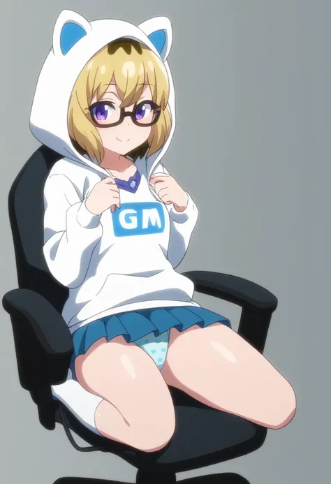 1 girl, solo, Ito, hood with animal ears, white hoodie, blonde hair, glasses, multicolored hair, blue polka dot panties, purple eyes, short hair, aqua skirt, socks, sitting on gamer chair, 