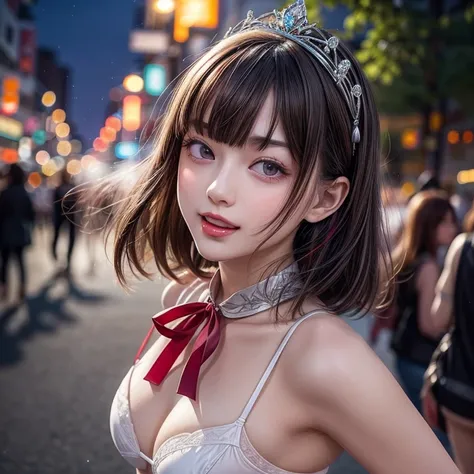 masterpiece of professional Analog photo, realistic and photorealistic with touch of rawness, (a close-up portrait of a tiny princess wearing white thongs on a city street), Dusk Sky with afterglow, intricate lighting effects with light particles, (many co...