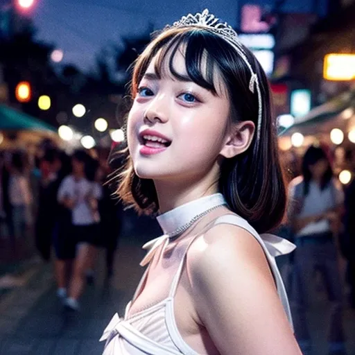 masterpiece of professional Analog photo, realistic and photorealistic with touch of rawness, (a close-up portrait of a tiny princess wearing white thongs on a city street), Dusk Sky with afterglow, intricate lighting effects with light particles, (many co...