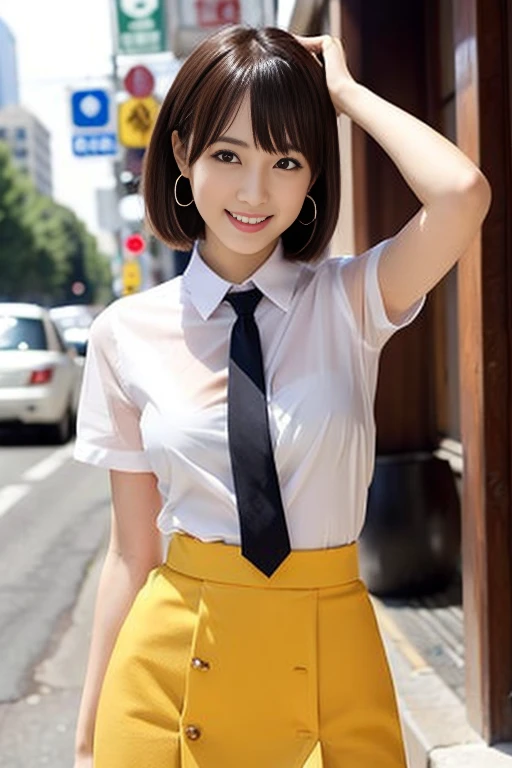 RAW Photos, highest quality, Realistic, Cute Japanese Girl, 女の子1 person, (Very slim and slender fit muscular body:1.3), ((View Viewer)),(Big smile:1.3), (No people in the background:1.3), Beautiful earrings, Front shot, (Big eyes), (whole bodyショット), Small ...