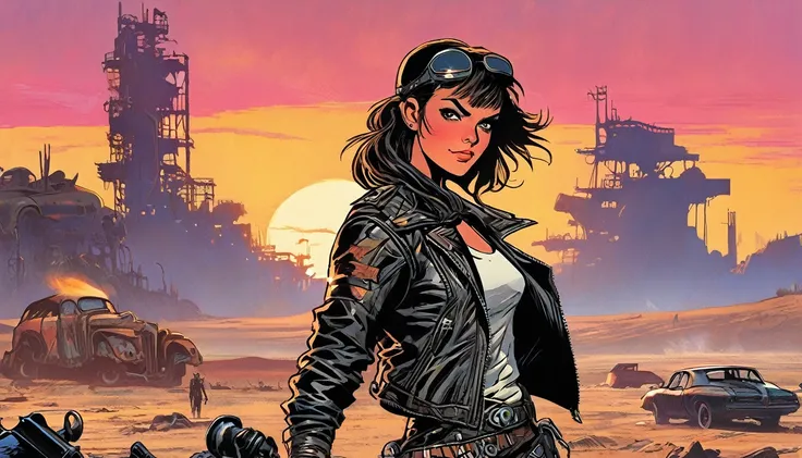 1girl, expressive eyes, wink, tanned skin, in madmax leather jacket, vaul-boy pose, wasteland in sunset in background, detail richness, masterpiece, best quality, fallout style, pulps comics style