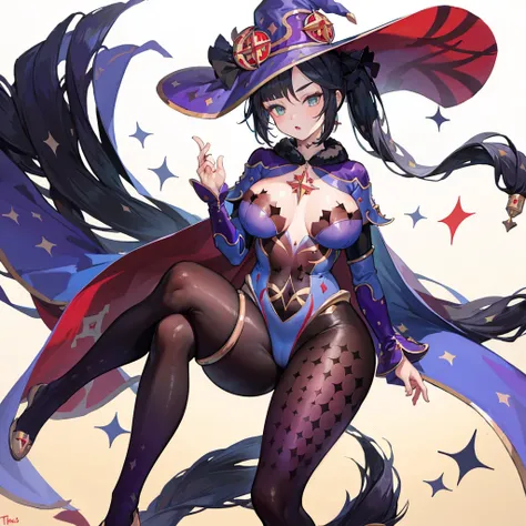 1girl,Mona,voluptuous breasts,long black body-conscious dress,thicc thighs,black stockings,shiny skin,full body, witch hat, nipples, long hair, pantyhose